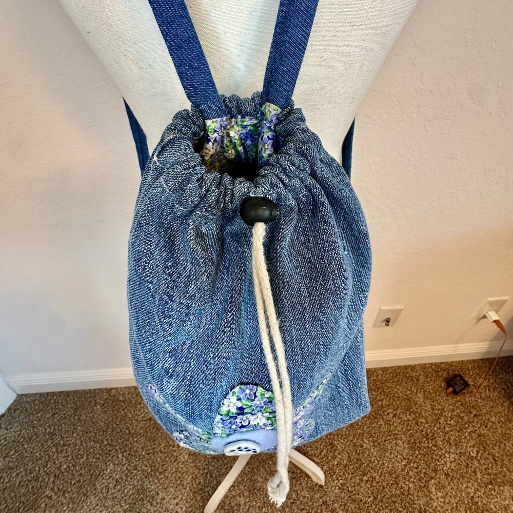 Cute Handmade Denim Drawstring Backpack - Picture 3 of 9